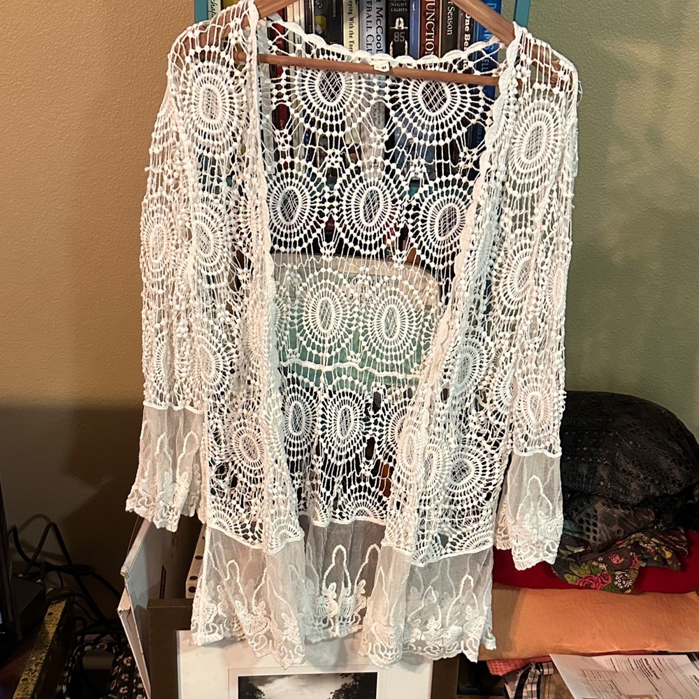 POL Ivory Crochet Lace Cotton Open Front Cardigan